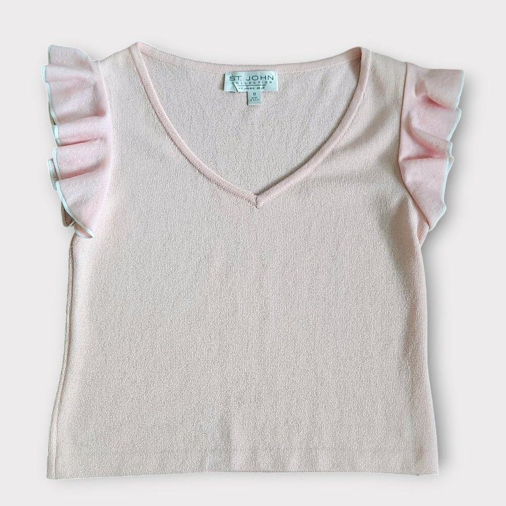 St. John Collection Santana Knit Top Size 6 Pink Ruffle Sleeves Lady Like